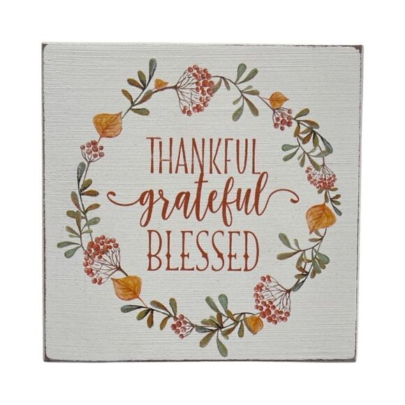 Thankful Grateful Blessed Whitewashed Distressed Wood Sign Quill to Paper NWT - Picture 1 of 6